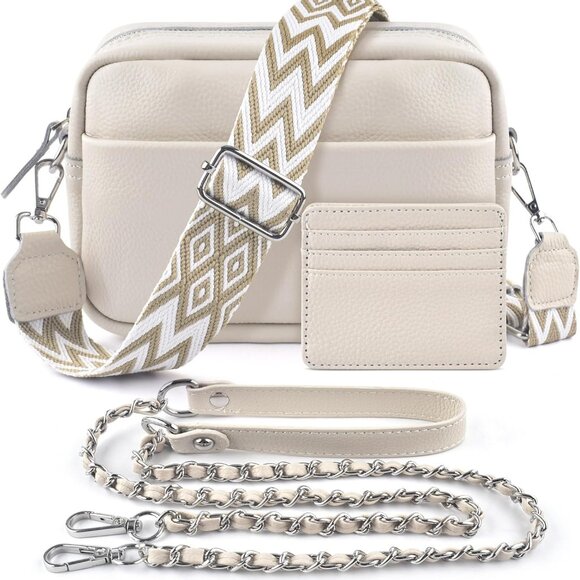 Beige Leather Crossbody Bag for Women with Adjustable Strap, Gift Box, 10.24x3.1 - Picture 1 of 7